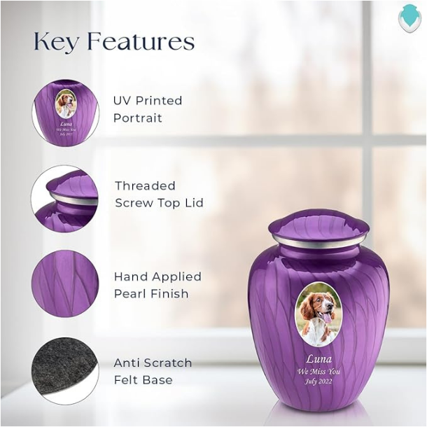 Embrace Portrait Urns for Pet Ashes, Cremation Urns for Pets, Vault with Custom Engraving I Pet urn with UV Printed Photo (Pearl Purple) - Image 3