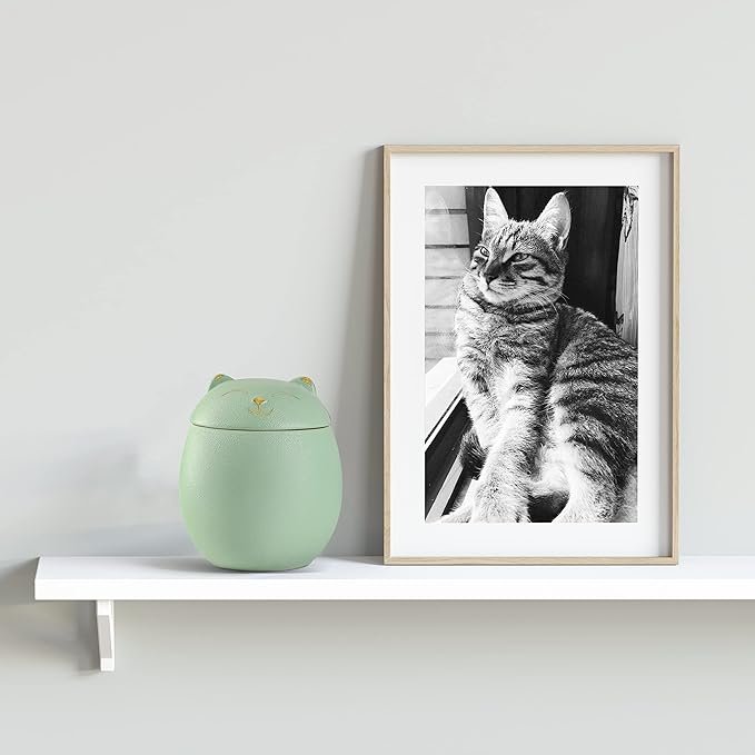 Cat Urn Dog Urn Sized 3.2x2.9 and 4.9x4.25. A Smiley-Cat Pet Urn with a Memoria Card.Cat Urns for Ashes for Your Pet (12 cu/in, Green) - Image 2
