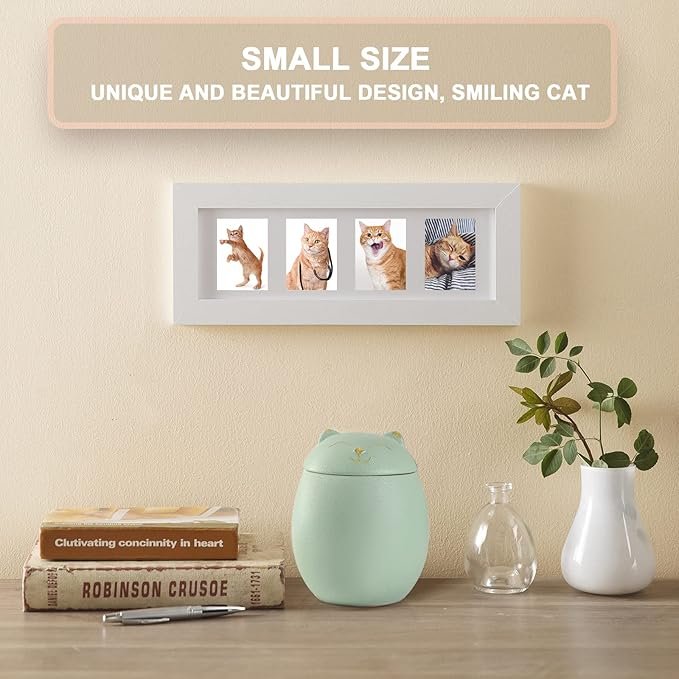 Cat Urn Dog Urn Sized 3.2x2.9 and 4.9x4.25. A Smiley-Cat Pet Urn with a Memoria Card.Cat Urns for Ashes for Your Pet (12 cu/in, Green) - Image 3